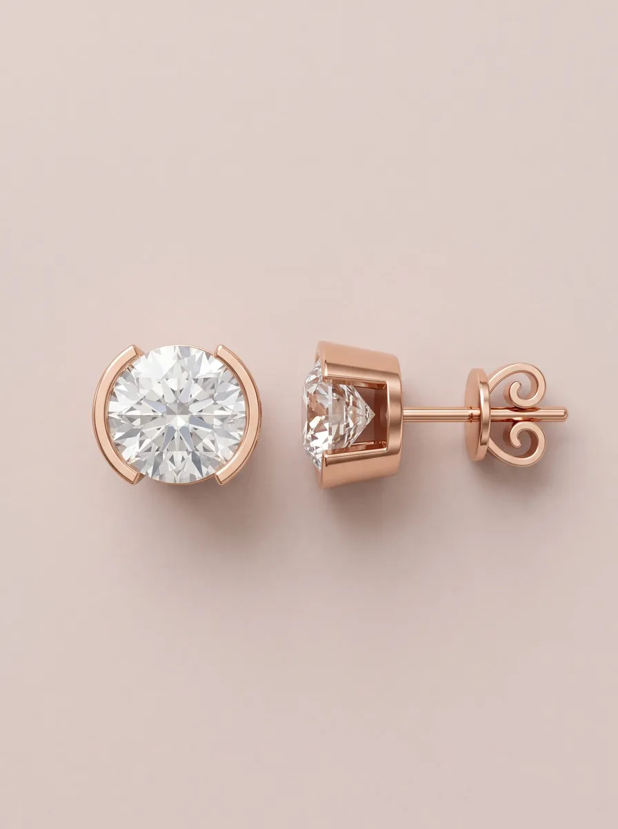 Half-Bezel Round Diamond Stud Earrings — 18K gold earrings by RUT GOLD — view 4