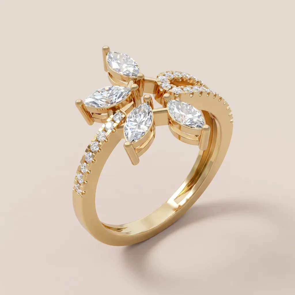 Marquise Diamond Flower Spray Bypass Ring R00954 — 18K gold ring by RUT GOLD