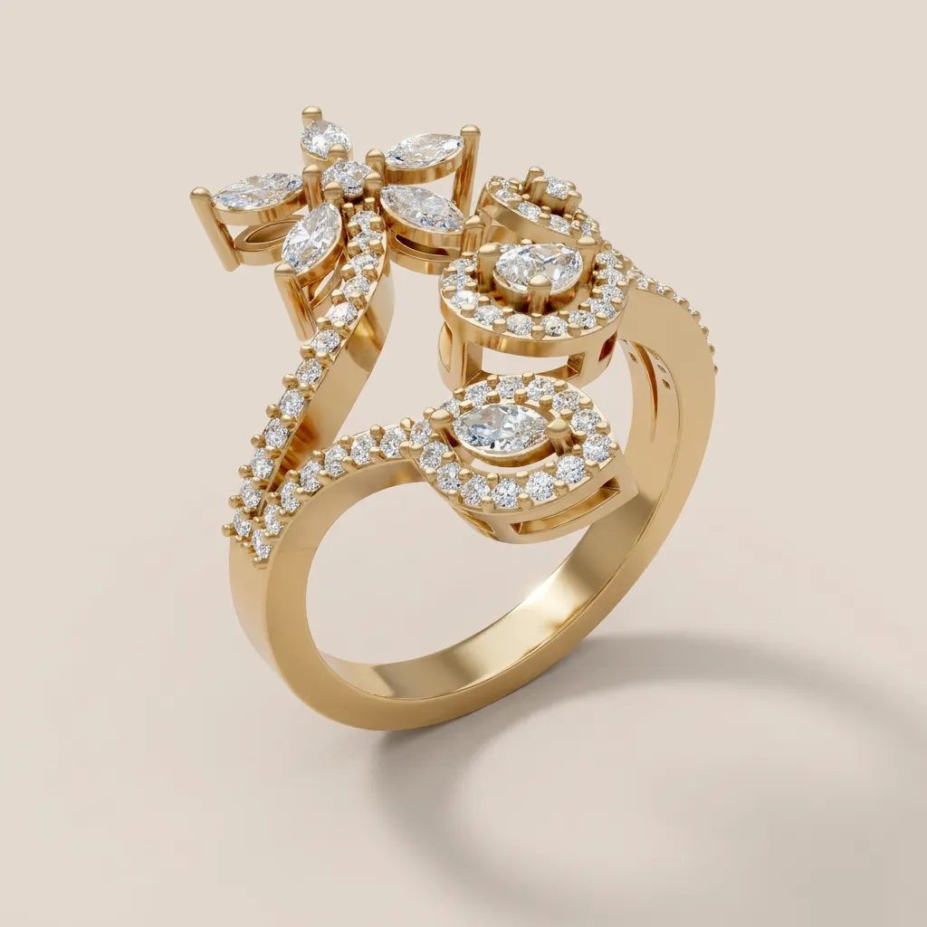 Pear & Marquise Diamond Halo Open Ring R00967 — 18K gold ring by RUT GOLD