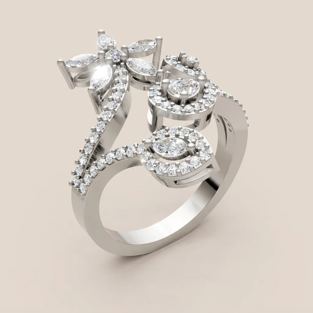 Pear & Marquise Diamond Halo Open Ring R00967 — 18K gold ring by RUT GOLD — view 5