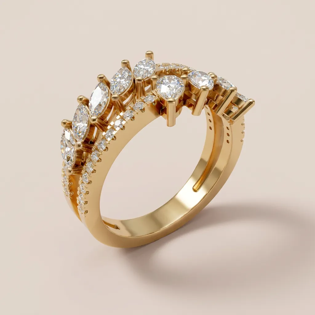 Mixed-Cut Diamond Double-Row Crown Ring R00969 — 18K gold ring by RUT GOLD