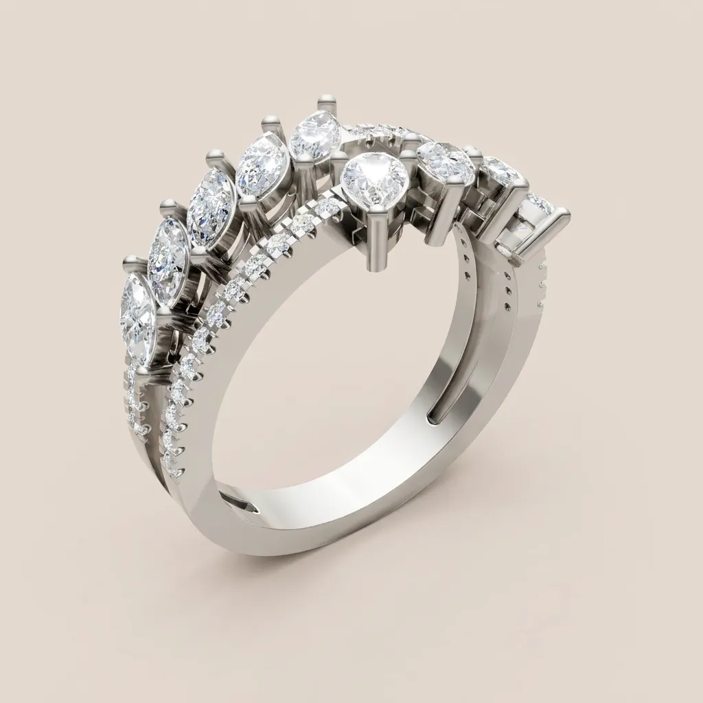 Mixed-Cut Diamond Double-Row Crown Ring R00969 — 18K gold ring by RUT GOLD — view 4