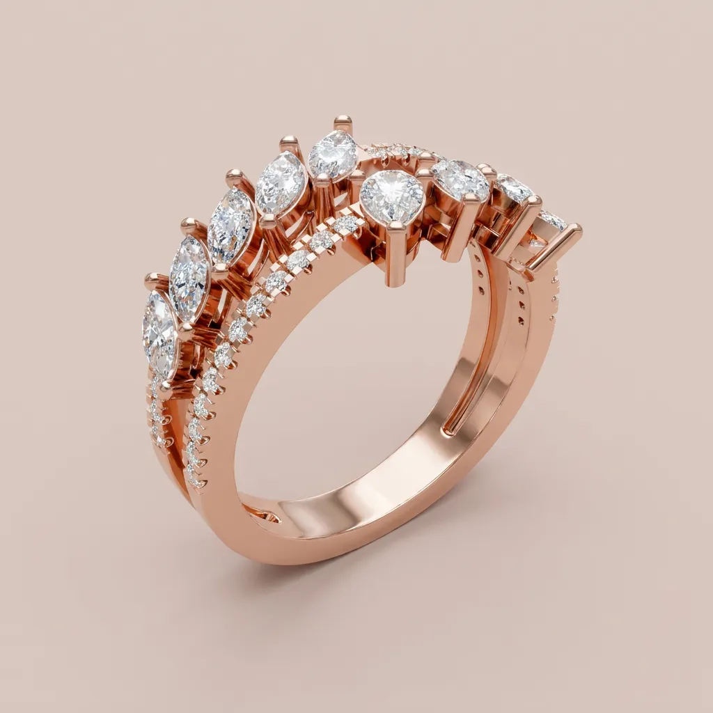 Mixed-Cut Diamond Double-Row Crown Ring R00969 — 18K gold ring by RUT GOLD — view 5
