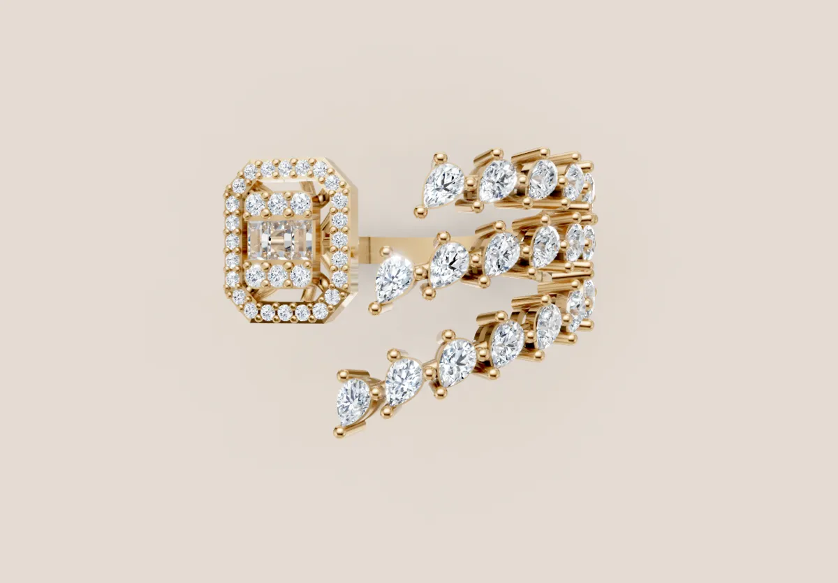 Cushion Diamond Halo & Scatter Open Ring R00973 — 18K gold ring by RUT GOLD — view 4