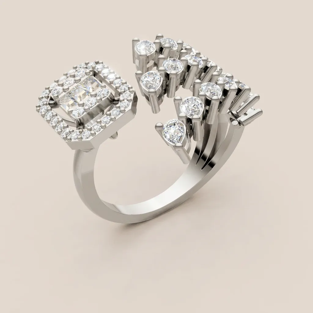 Cushion Diamond Halo & Scatter Open Ring R00973 — 18K gold ring by RUT GOLD