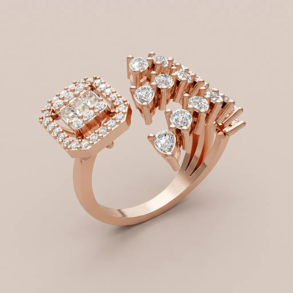Cushion Diamond Halo & Scatter Open Ring R00973 — 18K gold ring by RUT GOLD — view 7