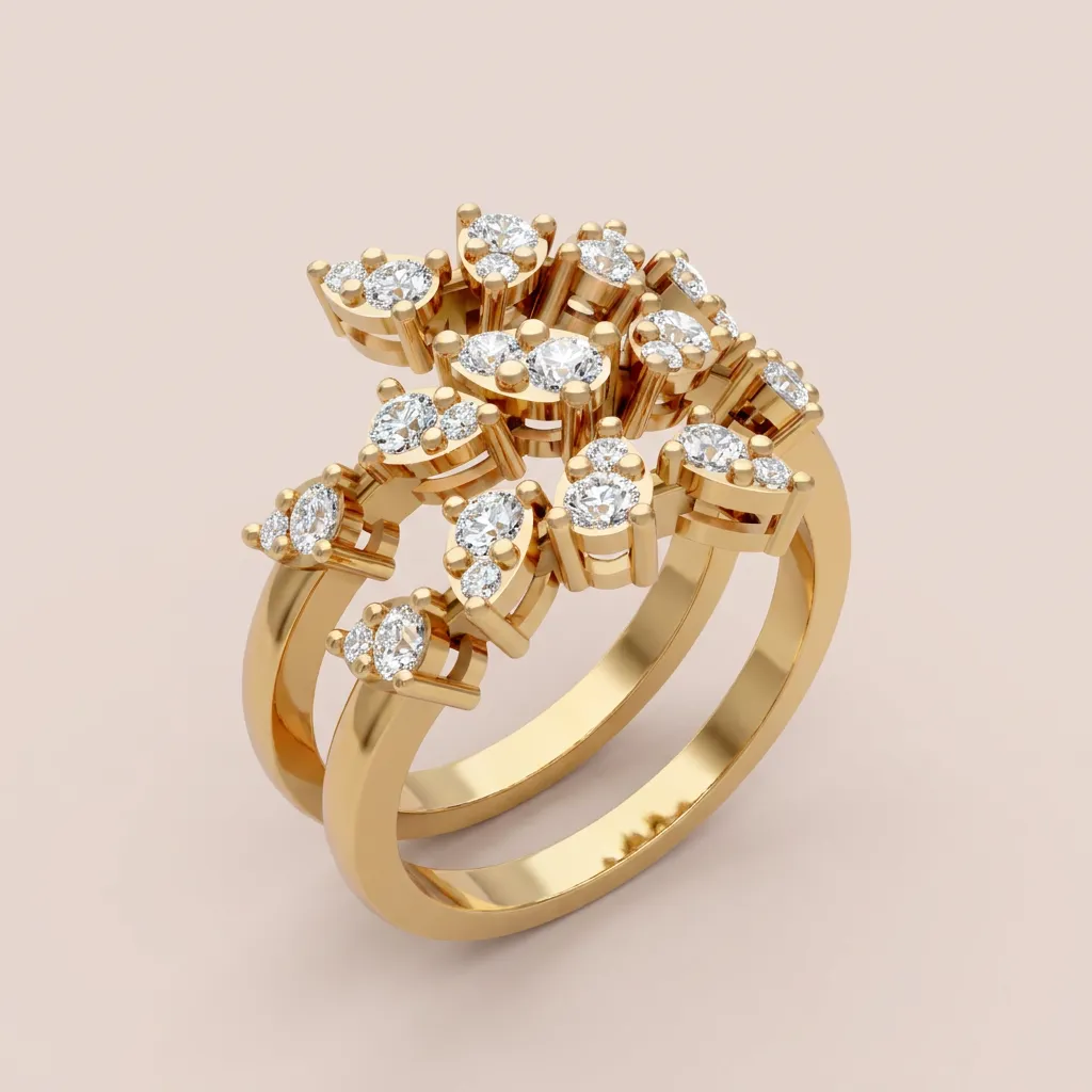 Illusion Diamond Cluster Double-Row Cocktail Ring R00982 — 18K gold ring by RUT GOLD