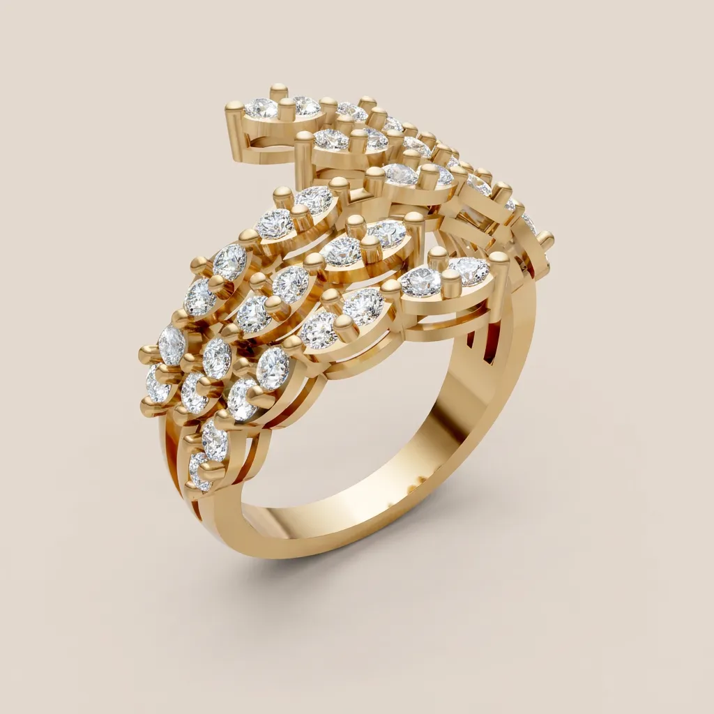 Mixed-Cut Diamond Scatter Multi-Row Statement Ring R00990 — 18K gold ring by RUT GOLD