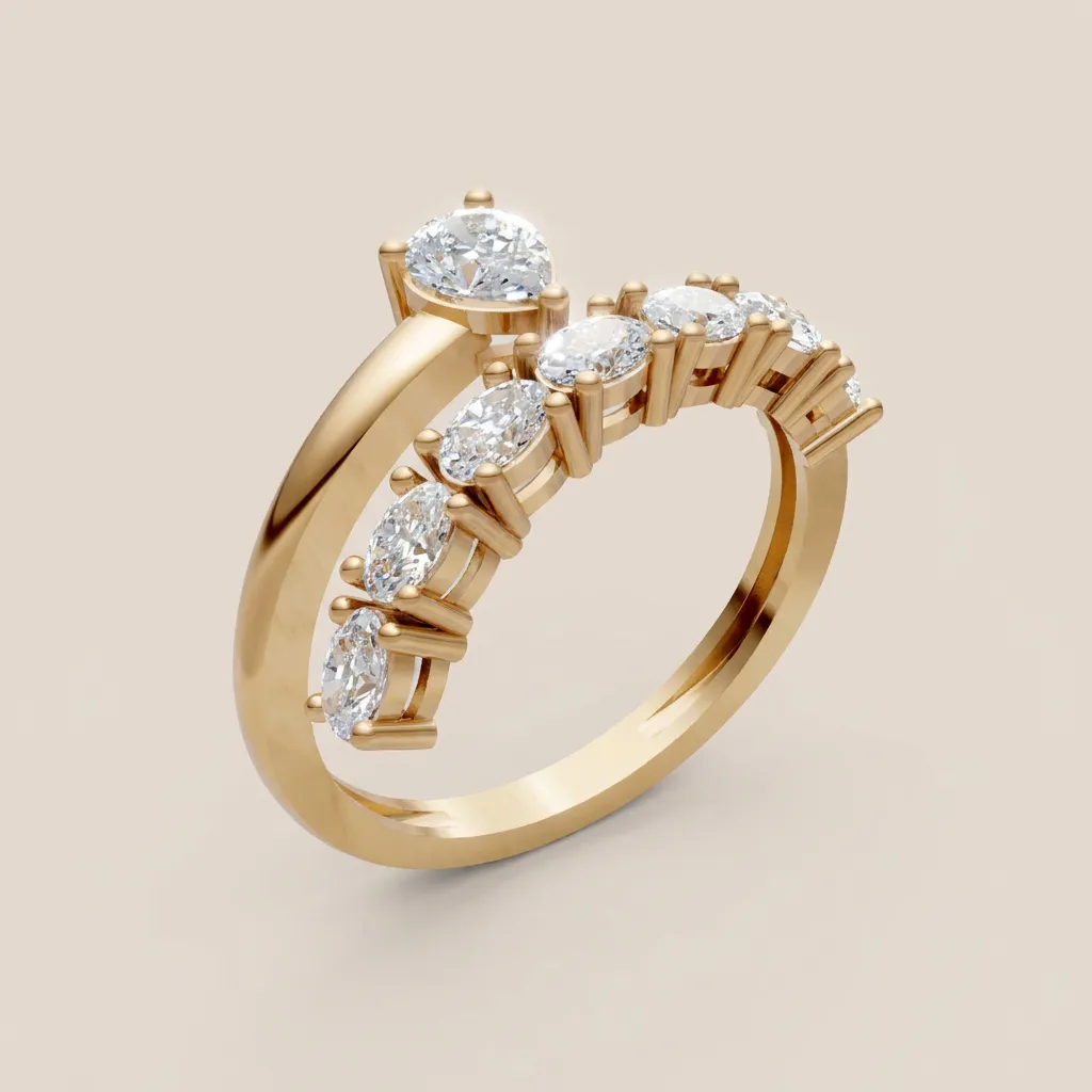 Pear & Round Diamond Graduated Bypass Ring R01006 — 18K gold ring by RUT GOLD