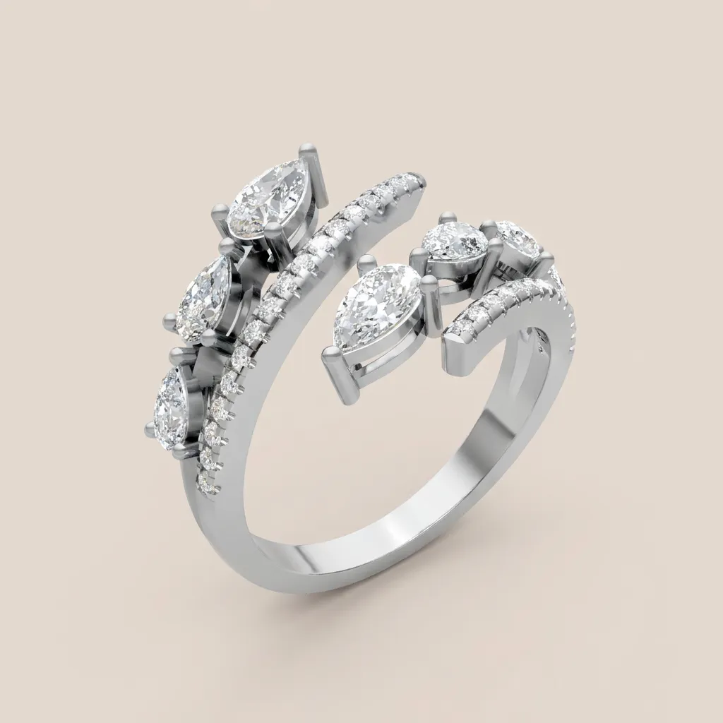Marquise & Pavé Diamond Double-Row Open Ring R01010 — 18K gold ring by RUT GOLD