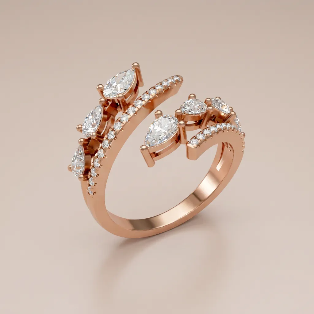 Marquise & Pavé Diamond Double-Row Open Ring R01010 — 18K gold ring by RUT GOLD — view 7