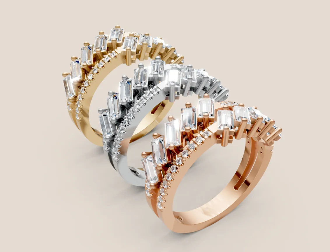 Staggered Baguette & Pavé Diamond Double-Row Ring R00932 — 18K gold ring by RUT GOLD — view 3
