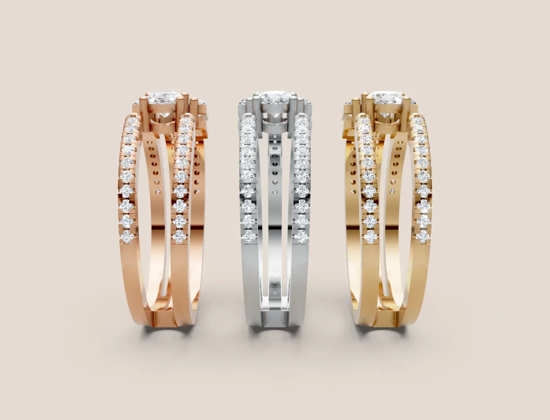 Oval & Baguette Diamond Triple-Row Pavé Ring R00936 — 18K gold ring by RUT GOLD — view 3
