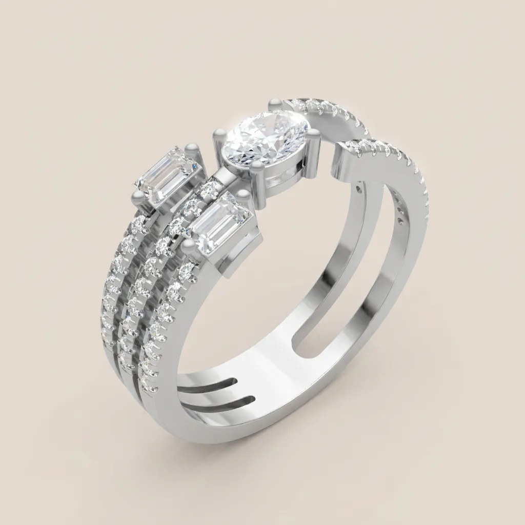 Oval & Baguette Diamond Triple-Row Pavé Ring R00936 — 18K gold ring by RUT GOLD