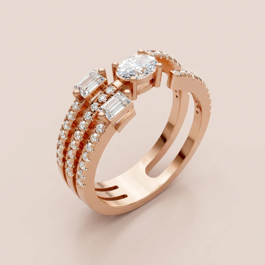 Oval & Baguette Diamond Triple-Row Pavé Ring R00936 — 18K gold ring by RUT GOLD — view 6