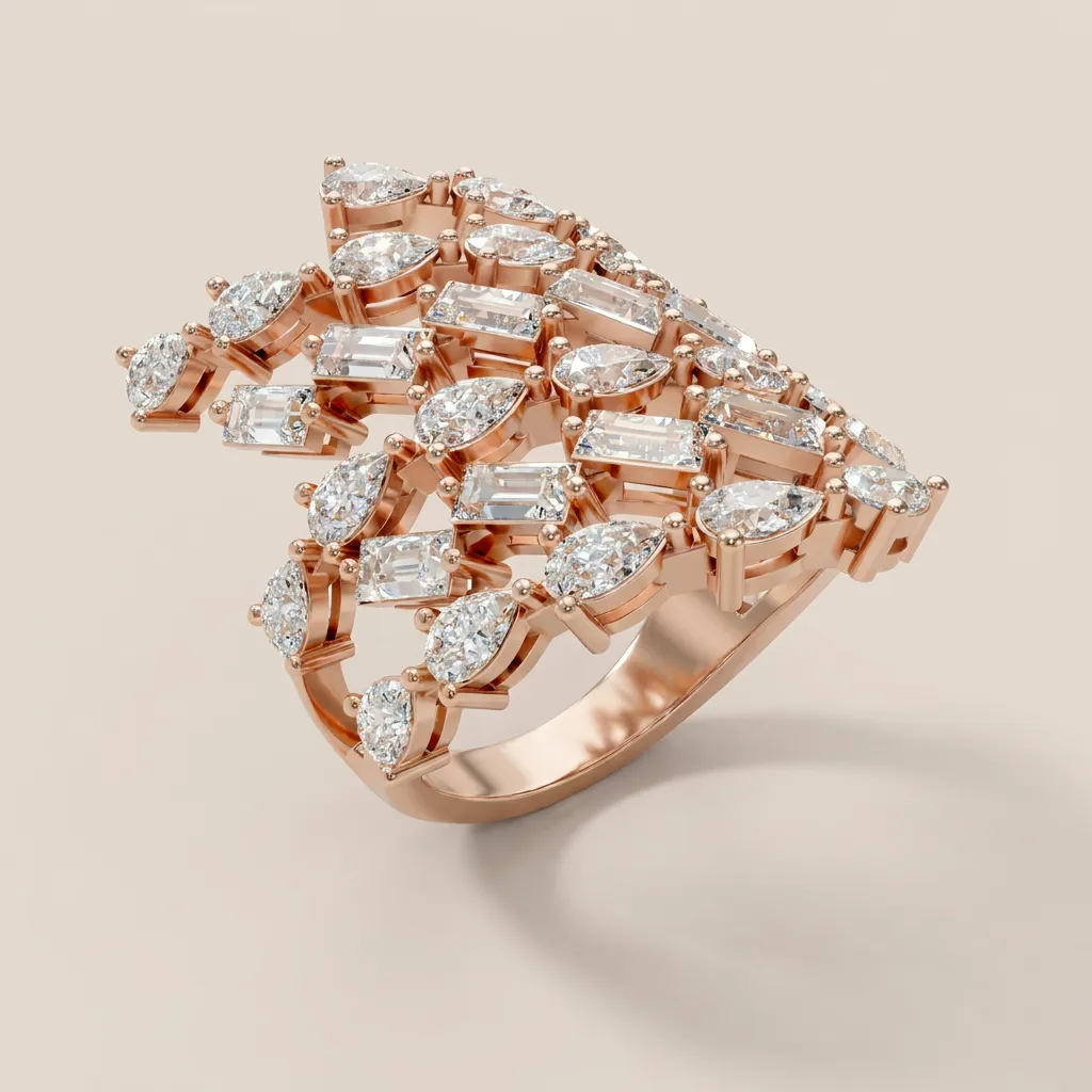 Mixed-Cut Diamond Chevron Cocktail Ring R00963 — 18K gold ring by RUT GOLD — view 7