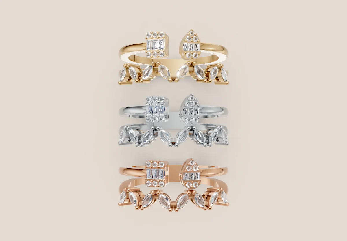 Marquise & Baguette Diamond Double-Row Open Ring R00980 — 18K gold ring by RUT GOLD — view 4