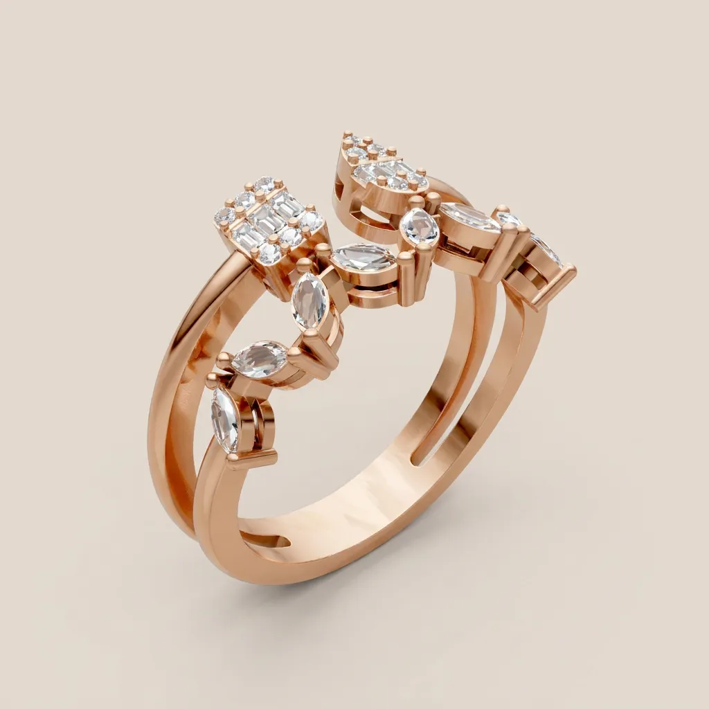 Marquise & Baguette Diamond Double-Row Open Ring R00980 — 18K gold ring by RUT GOLD — view 6