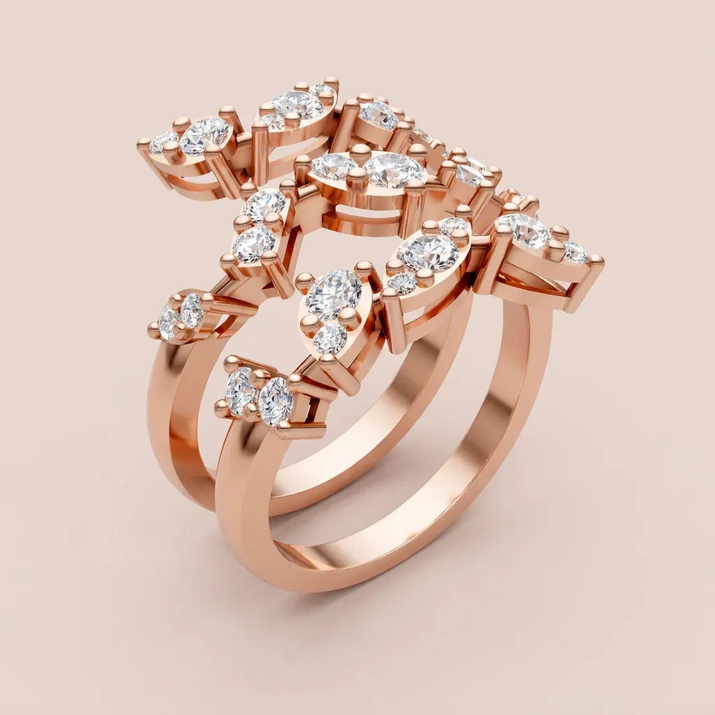 Marquise & Round Diamond Scatter Double-Row Ring R00987 — 18K gold ring by RUT GOLD — view 6
