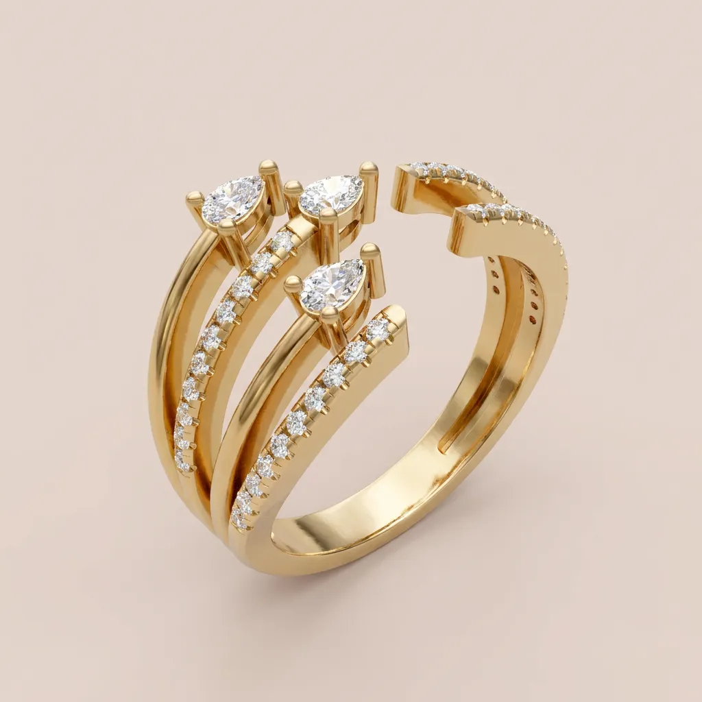 Pear & Pavé Diamond Multi-Row Open Ring R00991 — 18K gold ring by RUT GOLD