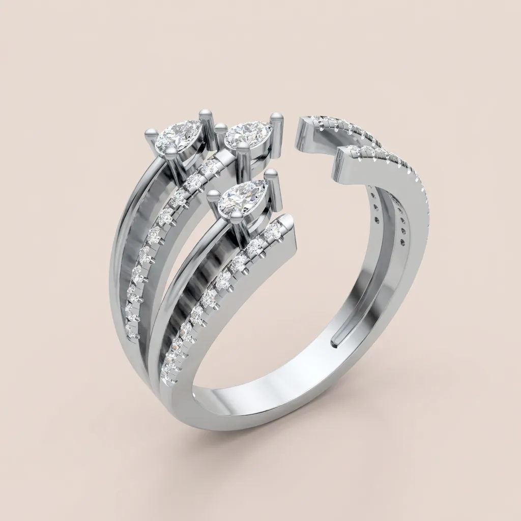 Pear & Pavé Diamond Multi-Row Open Ring R00991 — 18K gold ring by RUT GOLD — view 5