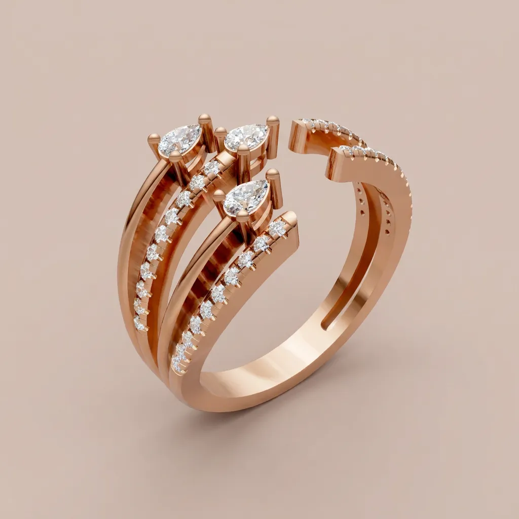 Pear & Pavé Diamond Multi-Row Open Ring R00991 — 18K gold ring by RUT GOLD — view 6