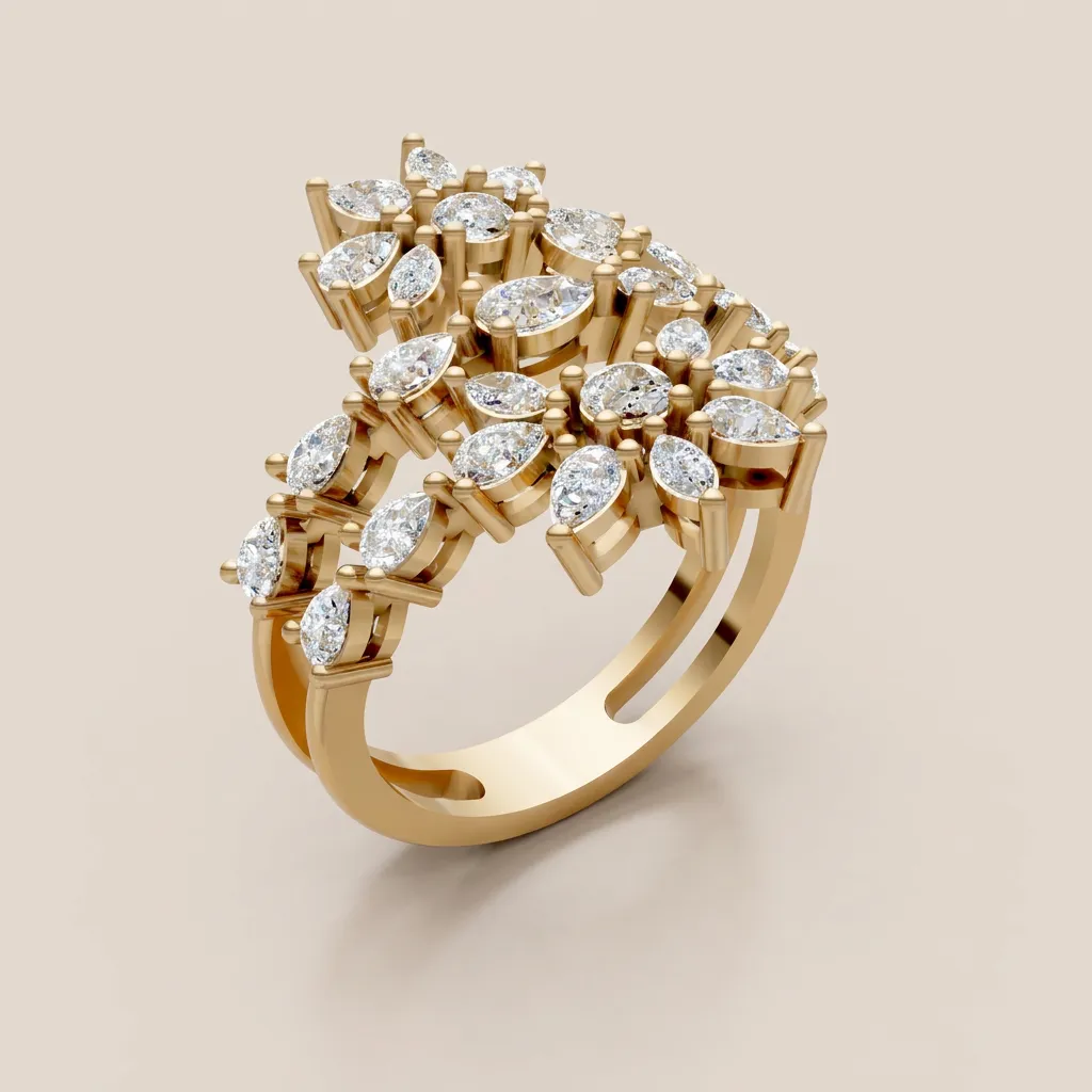 Marquise Diamond Cluster Double-Row Cocktail Ring R01011 — 18K gold ring by RUT GOLD