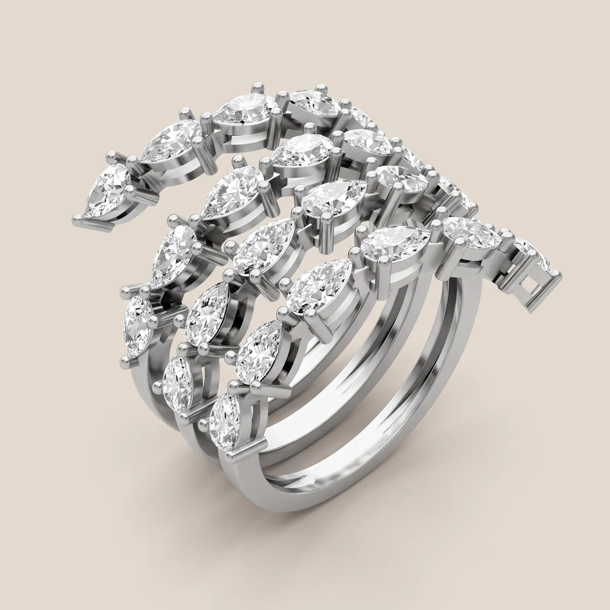 Marquise & Round Diamond Four-Row Open Ring R00920 — 18K gold ring by RUT GOLD