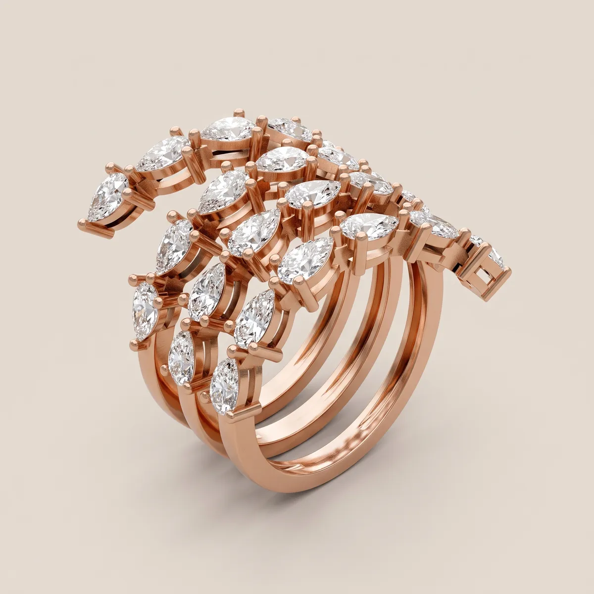 Marquise & Round Diamond Four-Row Open Ring R00920 — 18K gold ring by RUT GOLD — view 3