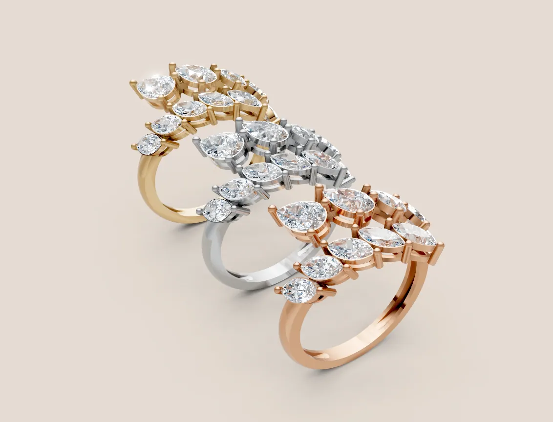 Pear & Marquise Diamond Multi-Row Open Ring R00921 — 18K gold ring by RUT GOLD