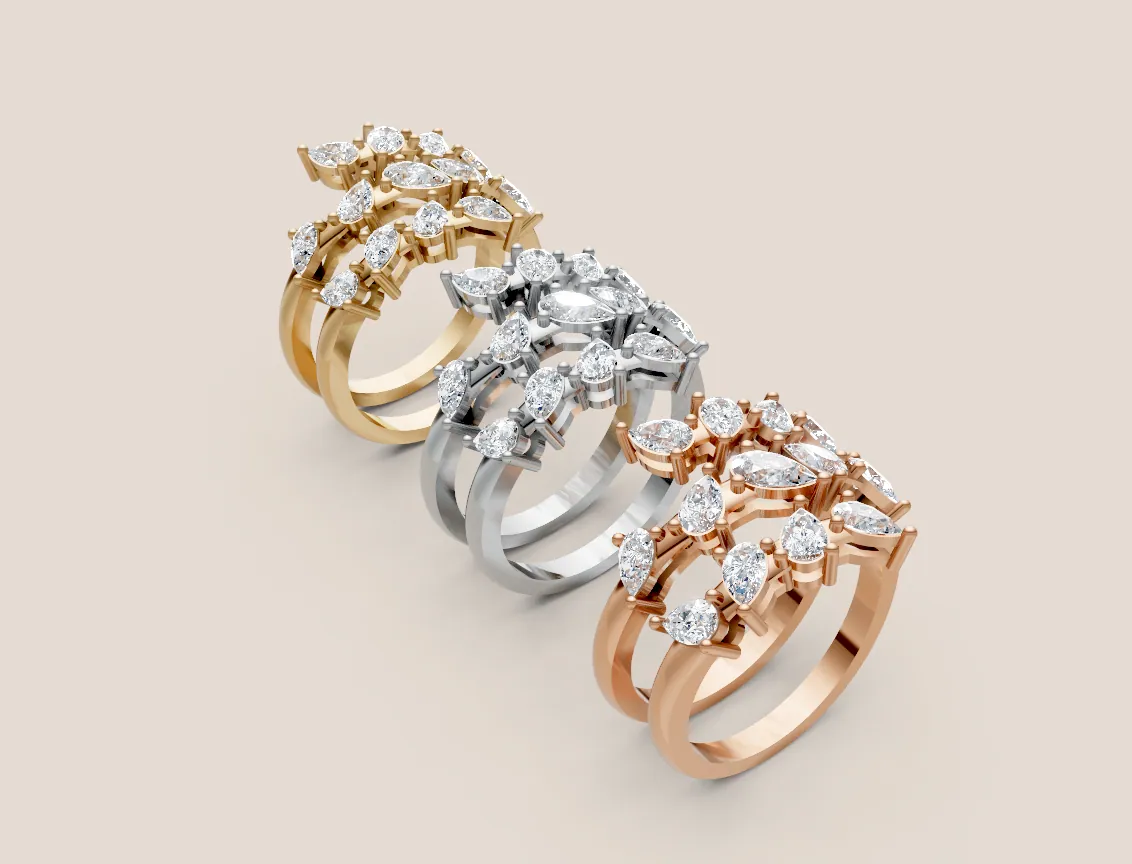 Mixed-Cut Diamond Triple-Row Open Ring R00927 — 18K gold ring by RUT GOLD