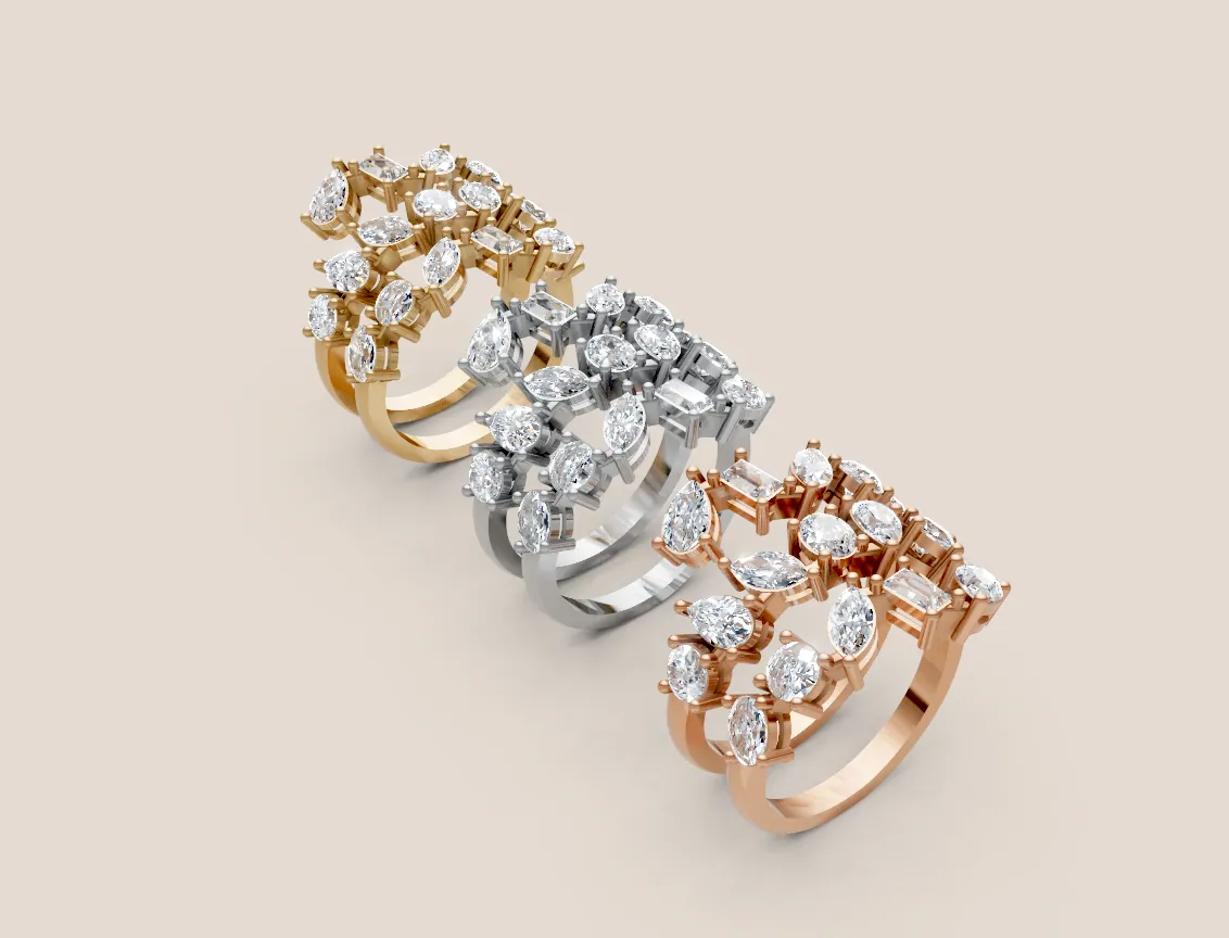Mixed-Cut Diamond Cluster Multi-Row Ring R00930 — 18K gold ring by RUT GOLD