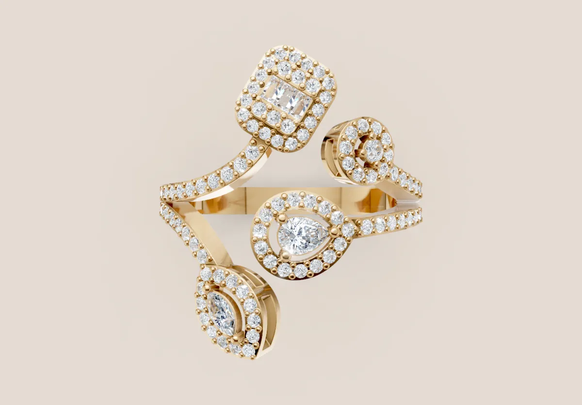 Multi-Shape Diamond Halo Open Ring R00965 — 18K gold ring by RUT GOLD — view 4