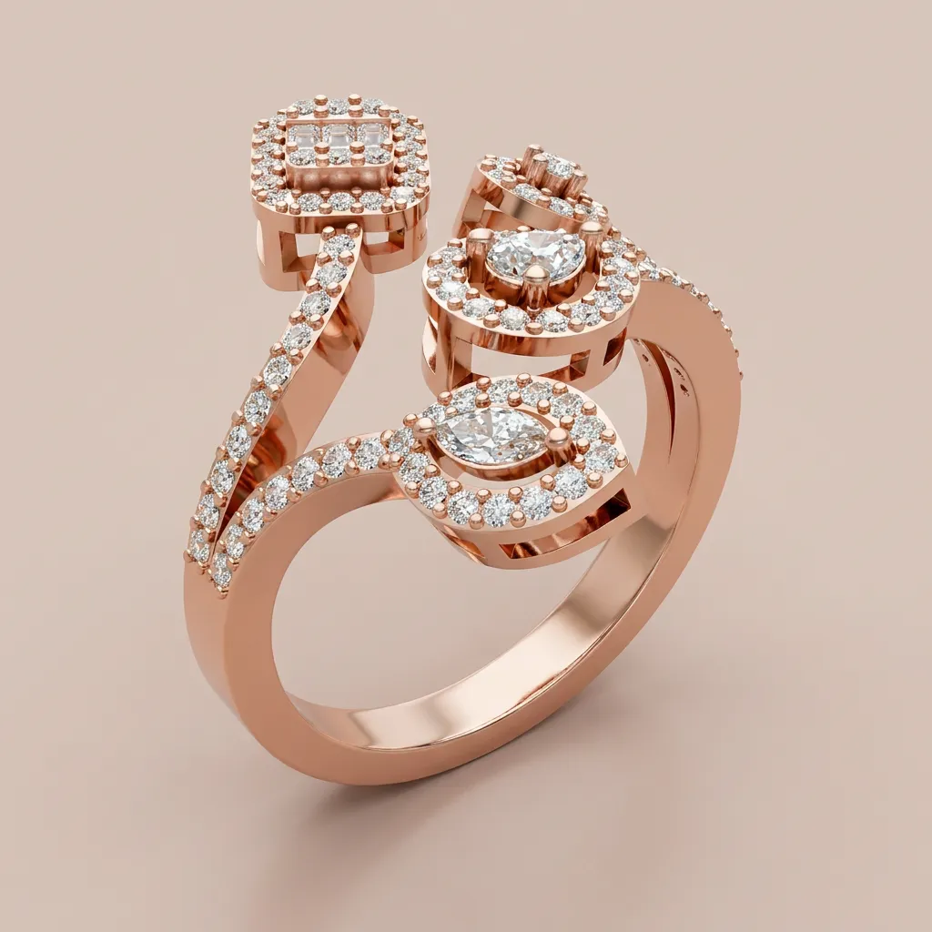 Multi-Shape Diamond Halo Open Ring R00965 — 18K gold ring by RUT GOLD — view 7