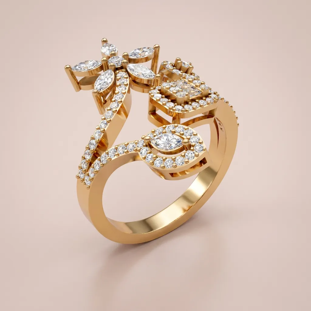 Marquise Diamond Flower & Halo Open Ring R00971 — 18K gold ring by RUT GOLD