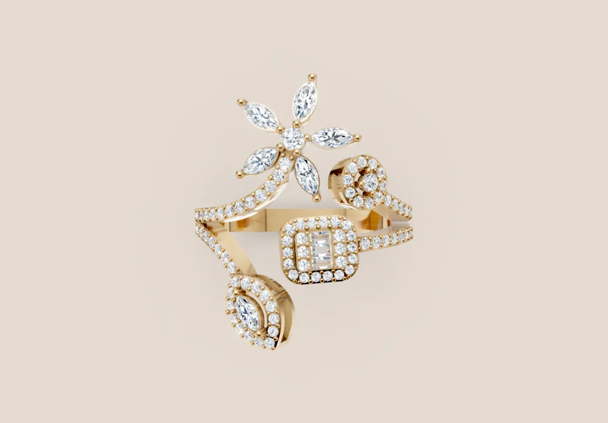 Marquise Diamond Flower & Halo Open Ring R00971 — 18K gold ring by RUT GOLD — view 4