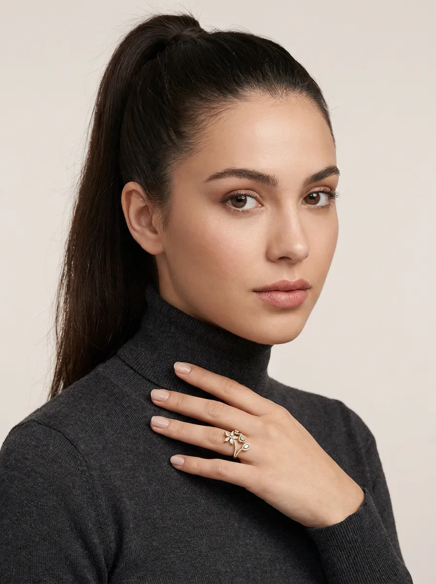 Marquise Diamond Flower & Halo Open Ring R00971 — 18K gold ring by RUT GOLD — view 5