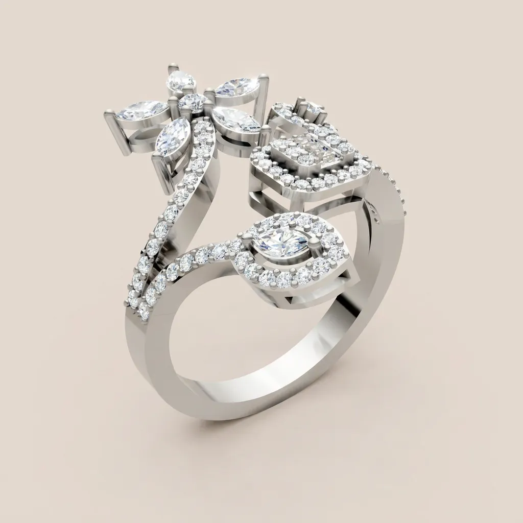 Marquise Diamond Flower & Halo Open Ring R00971 — 18K gold ring by RUT GOLD — view 6