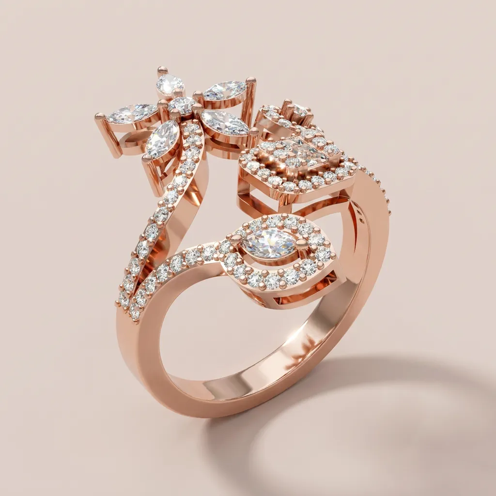 Marquise Diamond Flower & Halo Open Ring R00971 — 18K gold ring by RUT GOLD — view 7