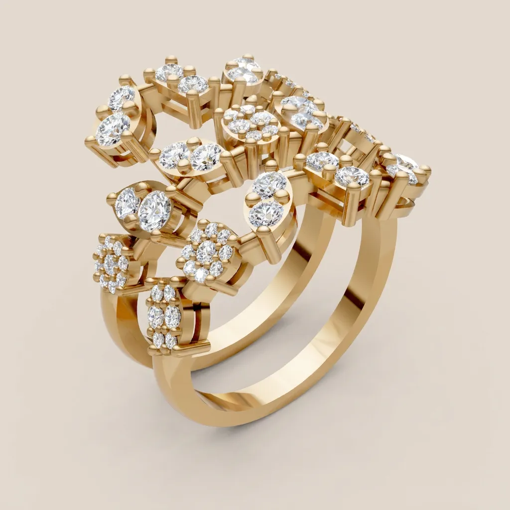 Illusion Diamond Cluster Double-Row Statement Ring R00984 — 18K gold ring by RUT GOLD