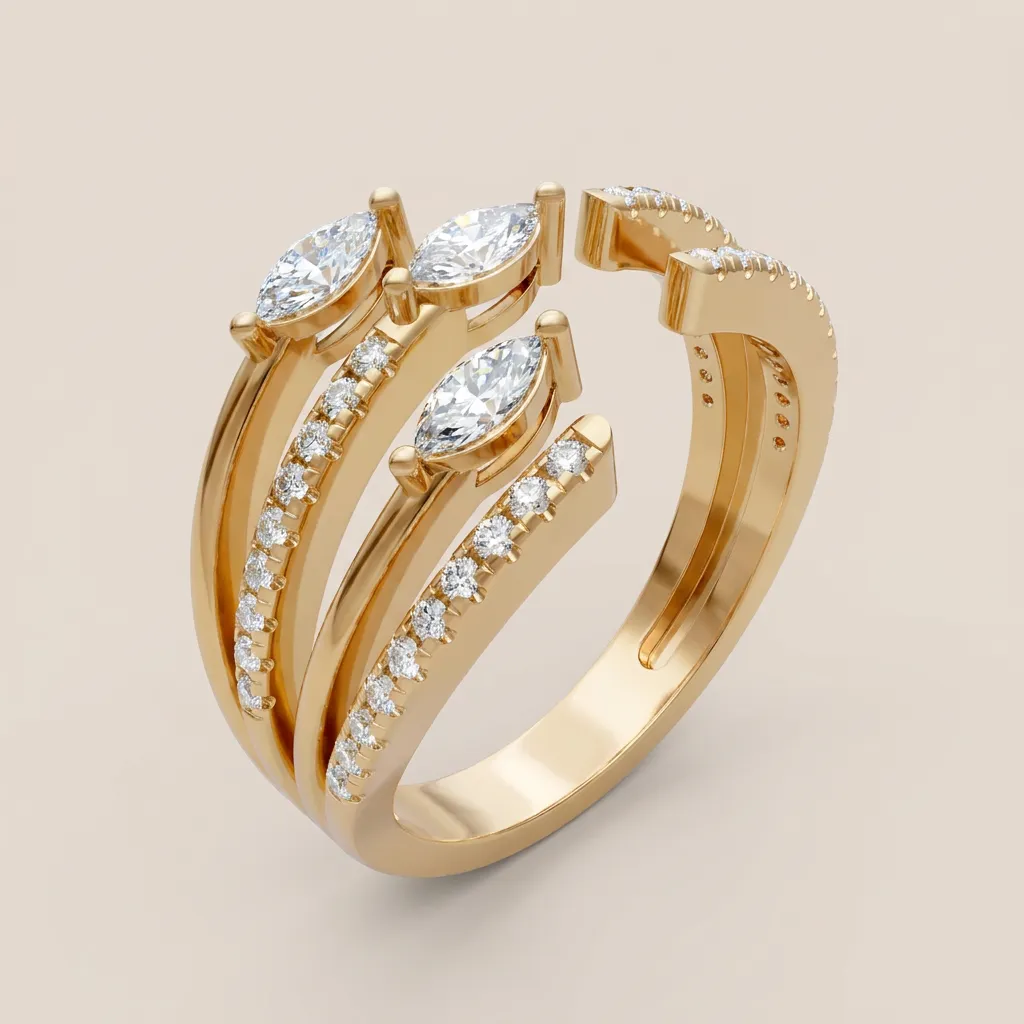 Marquise & Pavé Diamond Multi-Row Open Ring R00992 — 18K gold ring by RUT GOLD