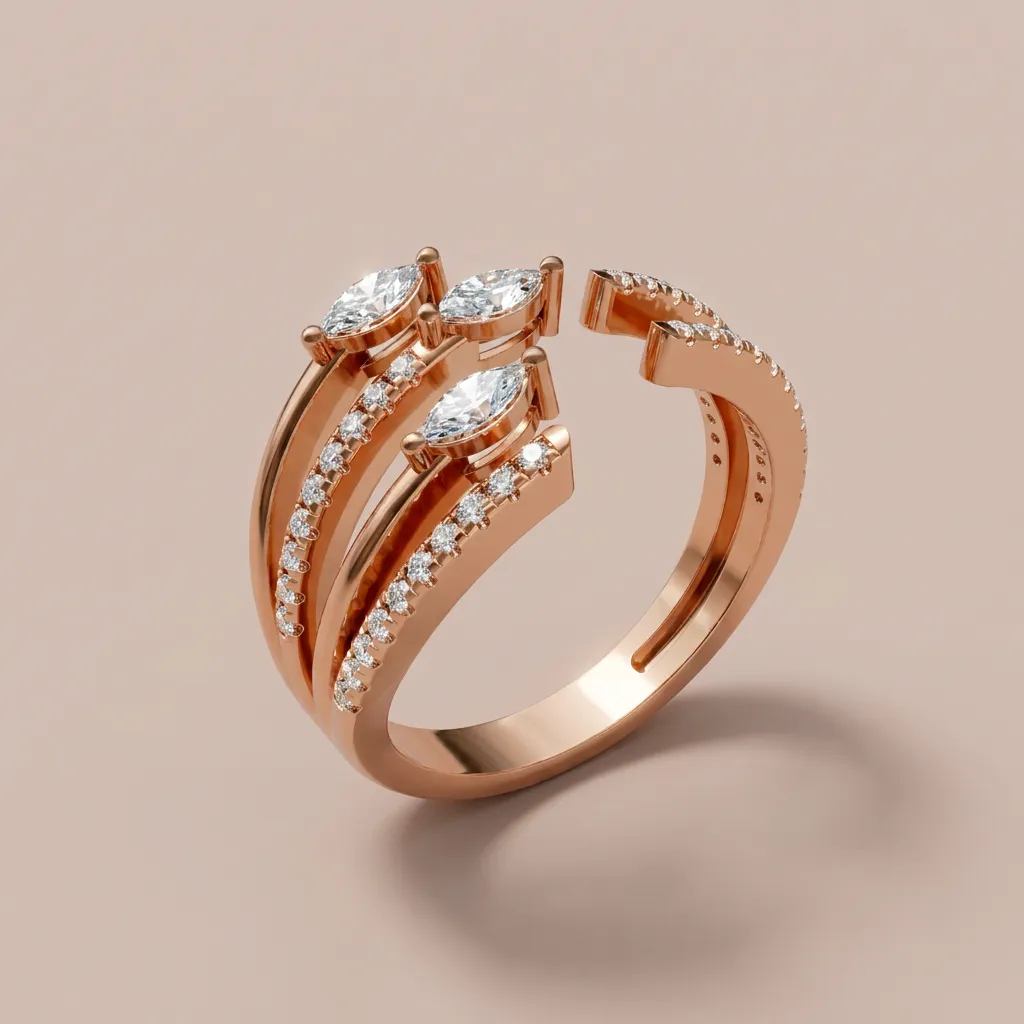 Marquise & Pavé Diamond Multi-Row Open Ring R00992 — 18K gold ring by RUT GOLD — view 6