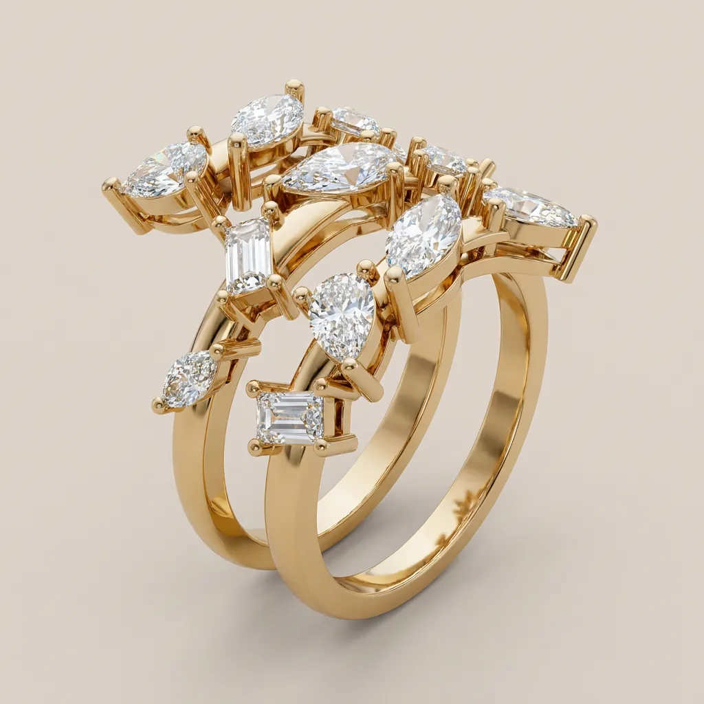 Marquise & Baguette Diamond Multi-Row Open Ring R00928 — 18K gold ring by RUT GOLD