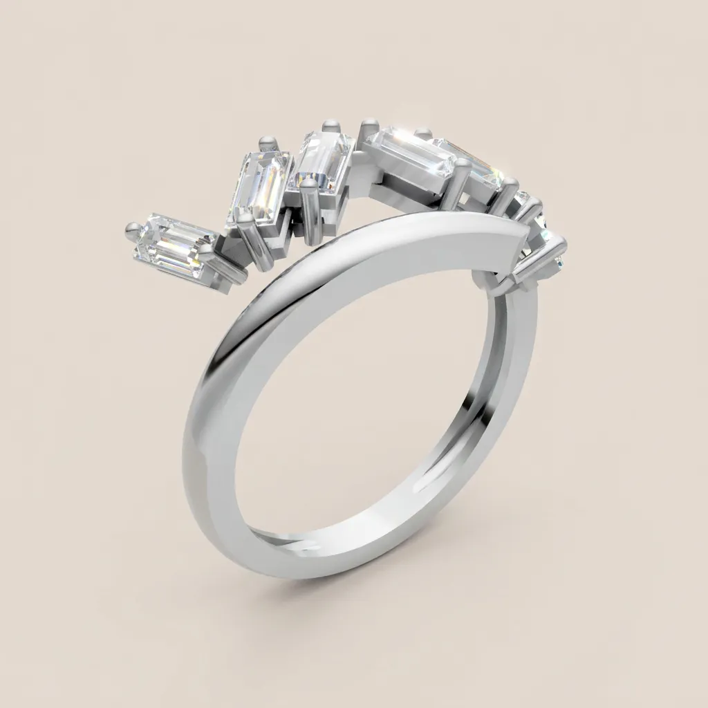 Baguette & Marquise Diamond Wave Bypass Ring R00945 — 18K gold ring by RUT GOLD