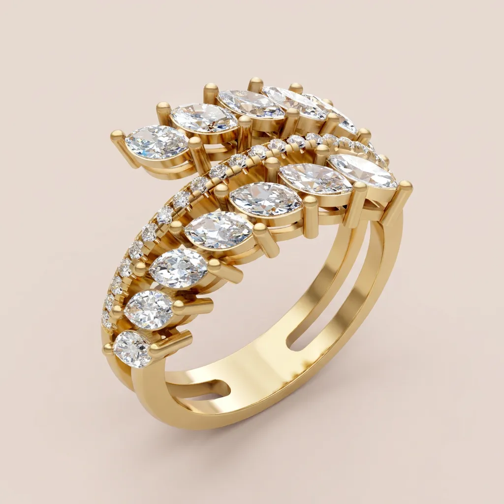 Marquise & Pavé Diamond Double-Row Wrap Ring R00957 — 18K gold ring by RUT GOLD