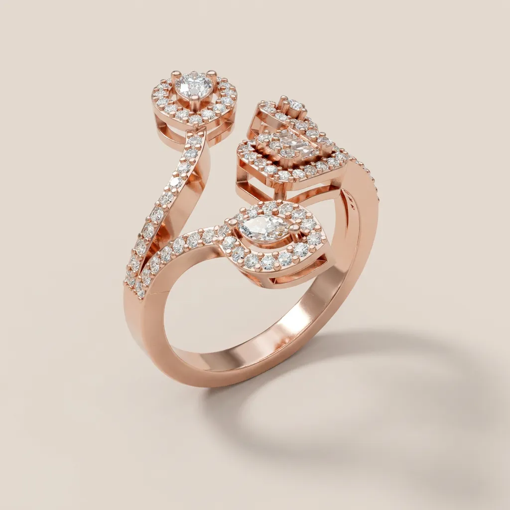 Oval, Emerald & Pear Diamond Halo Open Ring R00966 — 18K gold ring by RUT GOLD — view 7
