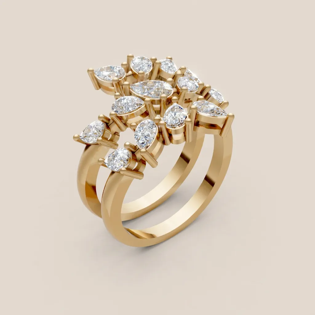 Marquise & Pear Diamond Double-Row Cocktail Ring R00972 — 18K gold ring by RUT GOLD
