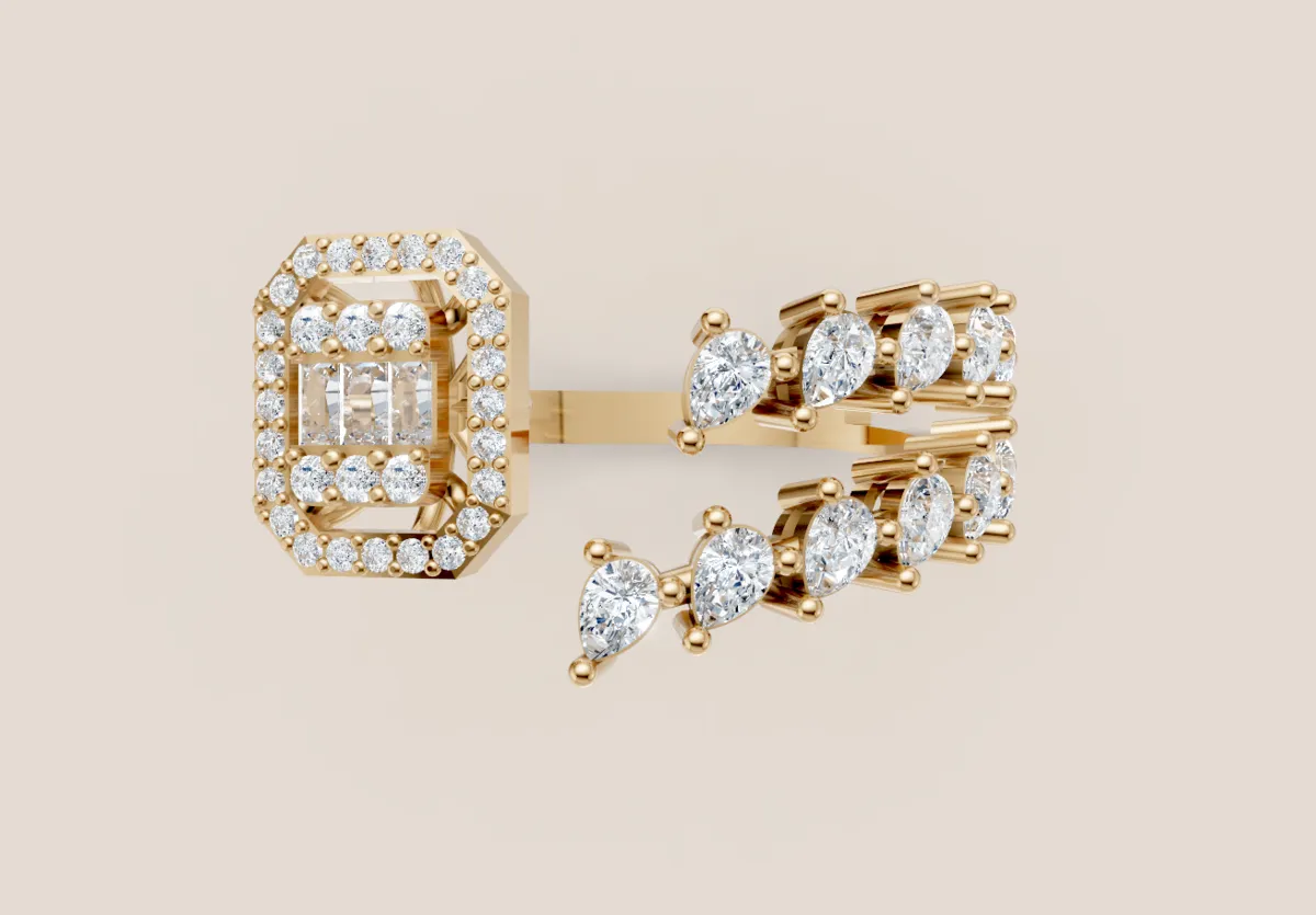 Cushion Diamond Halo & Round Scatter Open Ring R00976 — 18K gold ring by RUT GOLD — view 4