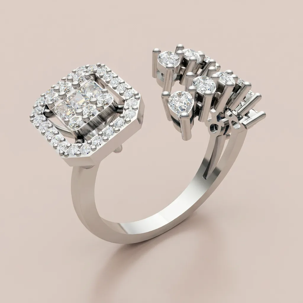 Cushion Diamond Halo & Round Scatter Open Ring R00976 — 18K gold ring by RUT GOLD