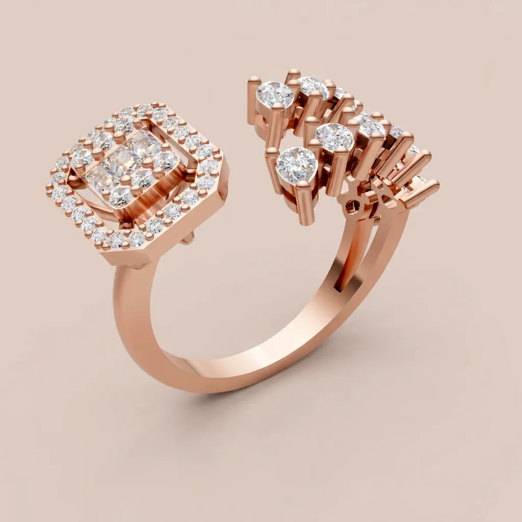 Cushion Diamond Halo & Round Scatter Open Ring R00976 — 18K gold ring by RUT GOLD — view 6